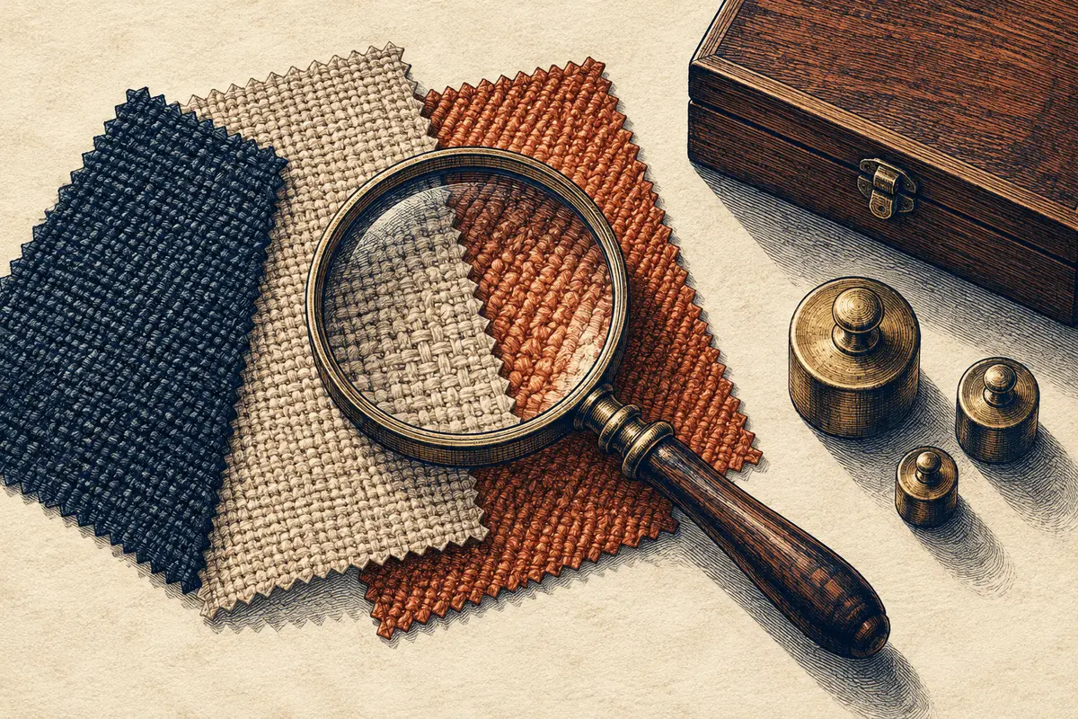 A magnifying glass over fabric samples beside brass weights.