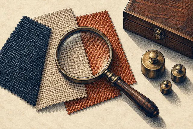 A magnifying glass over fabric samples beside brass weights.
