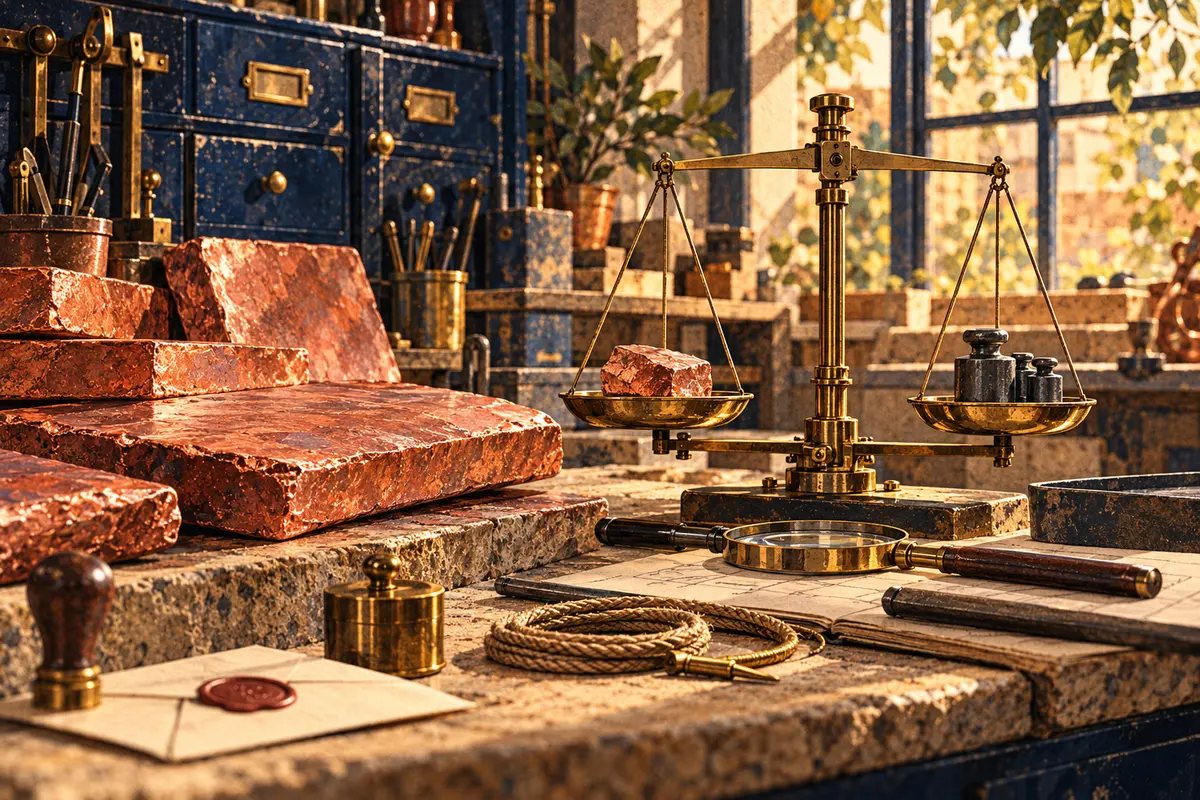 Copper slabs and a sample on a brass balance in a detailed workshop illustration.