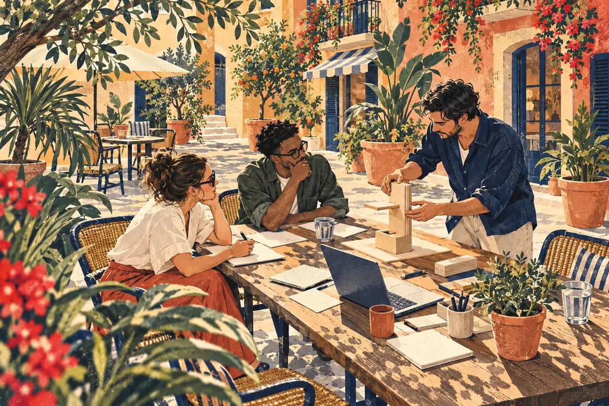 Three builders discuss a wooden prototype and blank planning cards at a courtyard table.