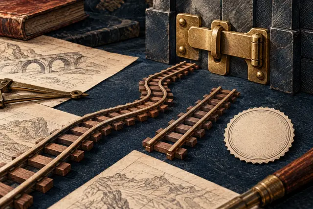 Two miniature rail routes lead toward a closed latch.