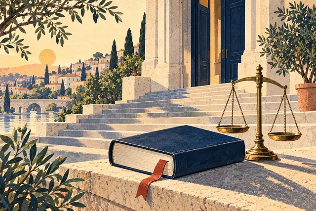 A plain rulebook and balance scale sit before steps leading to a civic doorway.