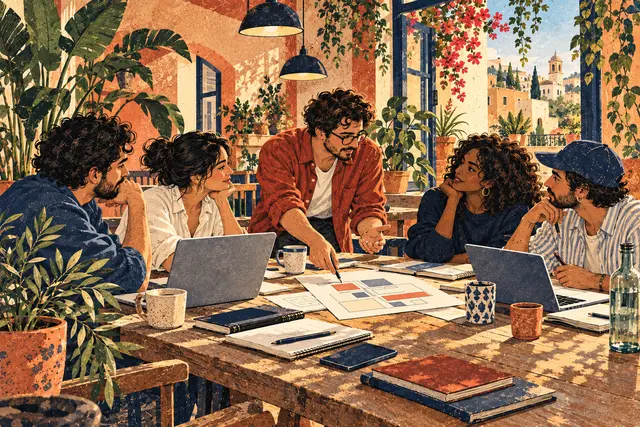 Five people discuss a paper diagram around a café table with laptops and notebooks.