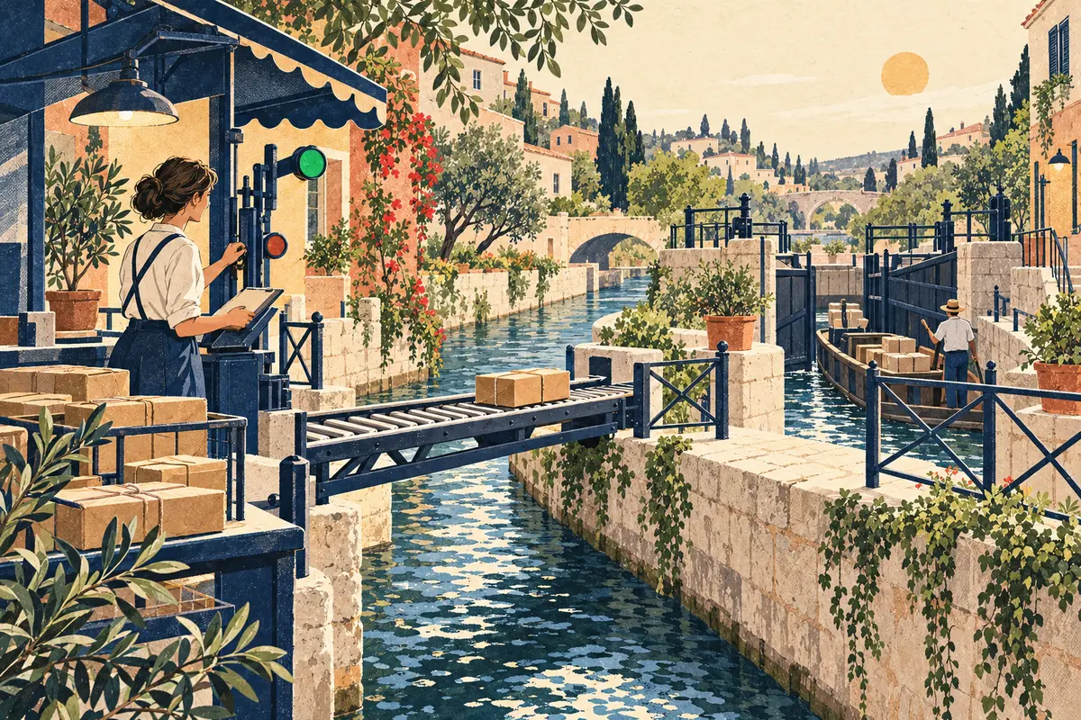 An operator watches a small packet cross a canal beside a slower gated route.