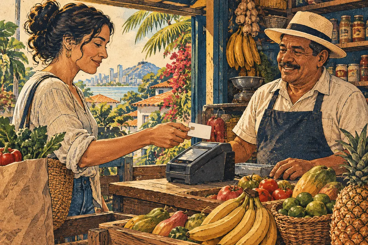 A shopper holds a plain card beside a grocery terminal and fresh produce.