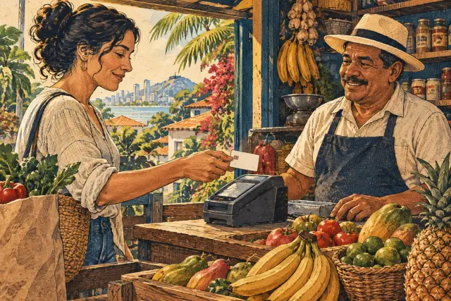 Uma cliente segura um cartão sem marca ao lado de um terminal e produtos frescos.