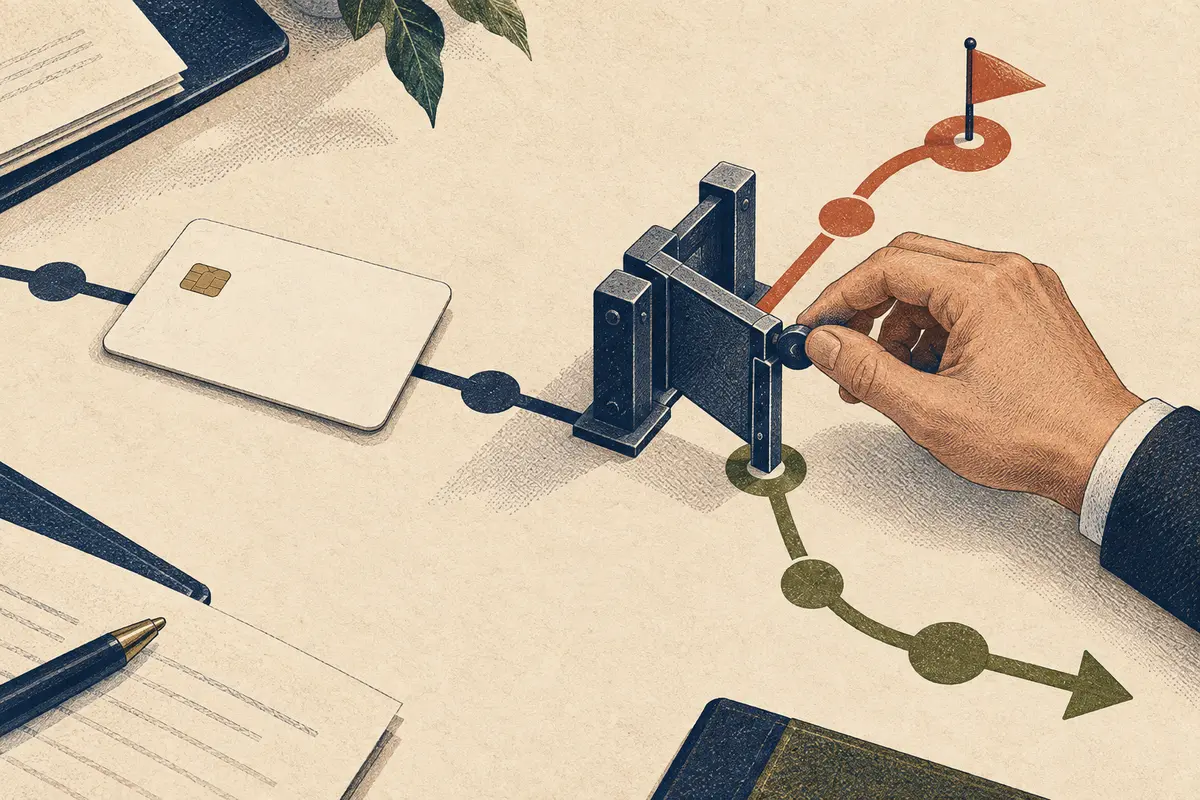 A hand adjusts a screening gate along branching payment routes beside an unbranded card.