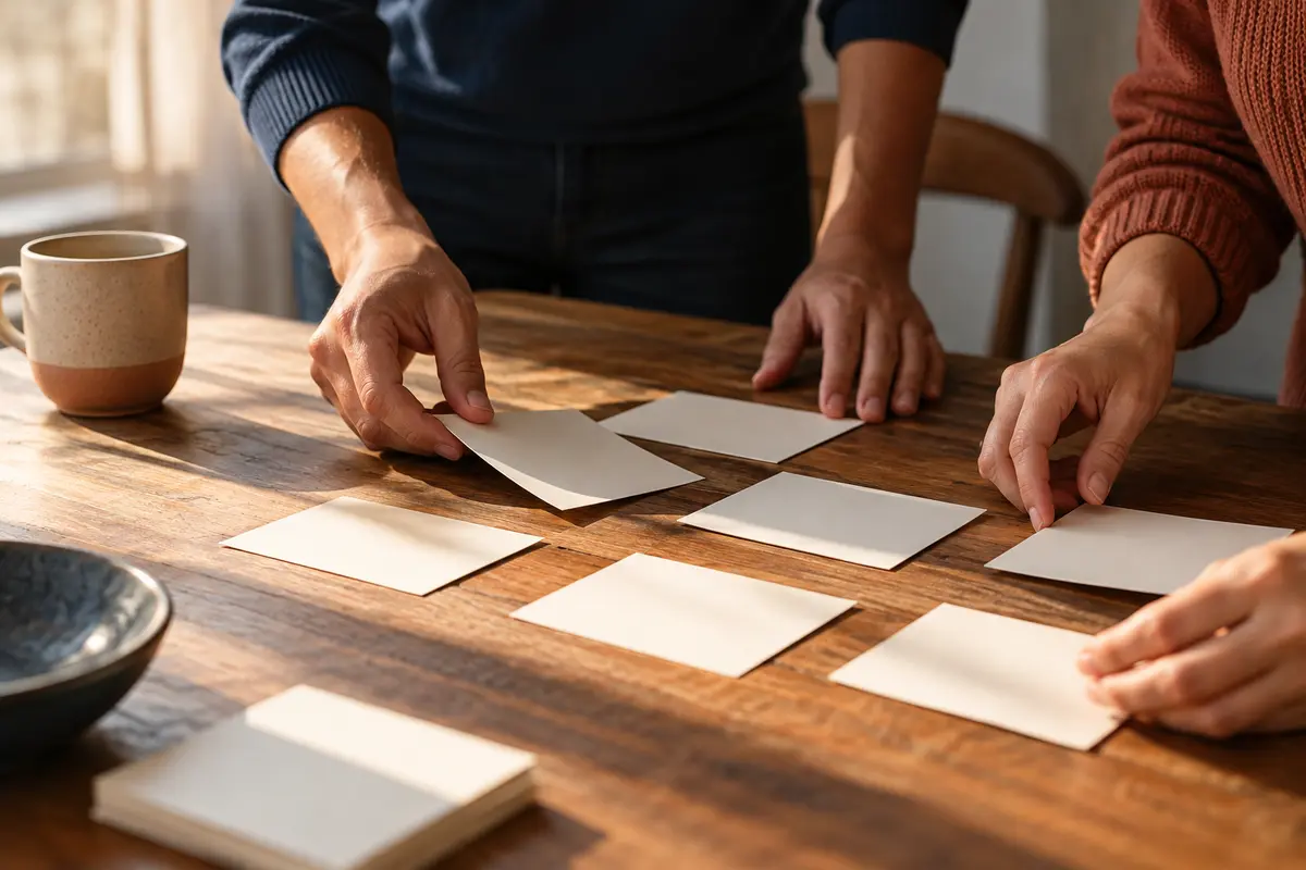 Unas manos organizan tarjetas en blanco sobre una mesa de madera.