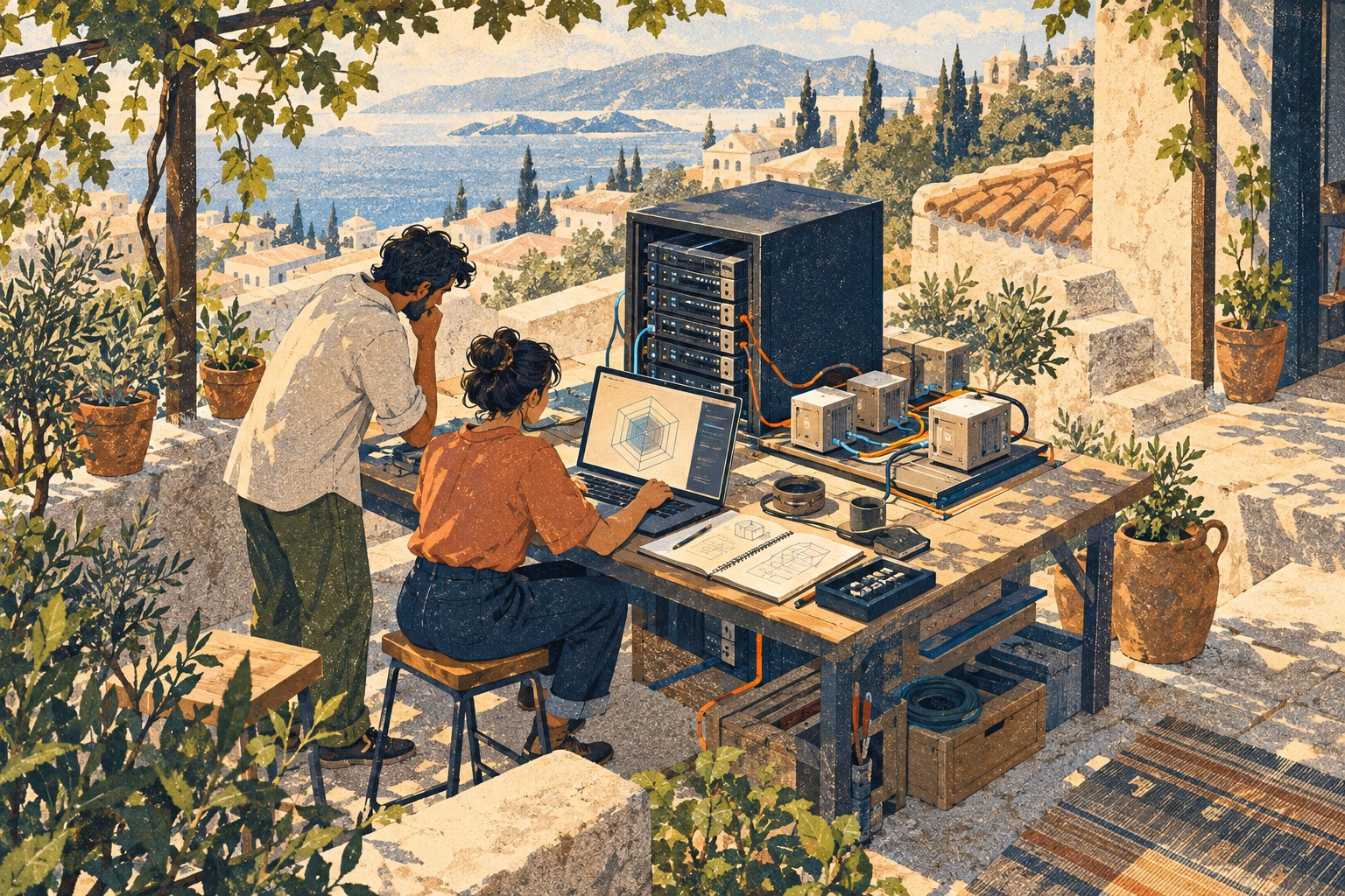 Engineers test a compact server system at an outdoor workbench.