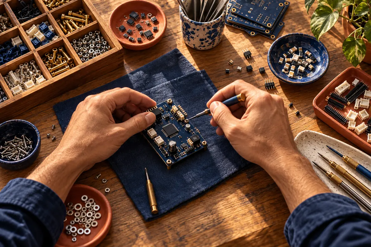 Unas manos trabajan con componentes electrónicos en una mesa.