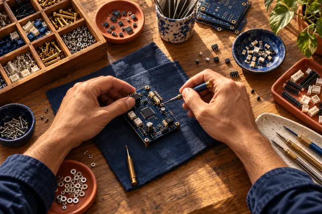 Unas manos trabajan con componentes electrónicos en una mesa.