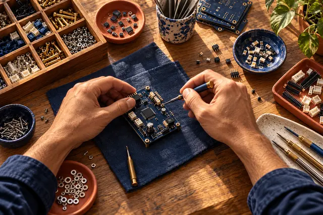 Unas manos trabajan con componentes electrónicos en una mesa.