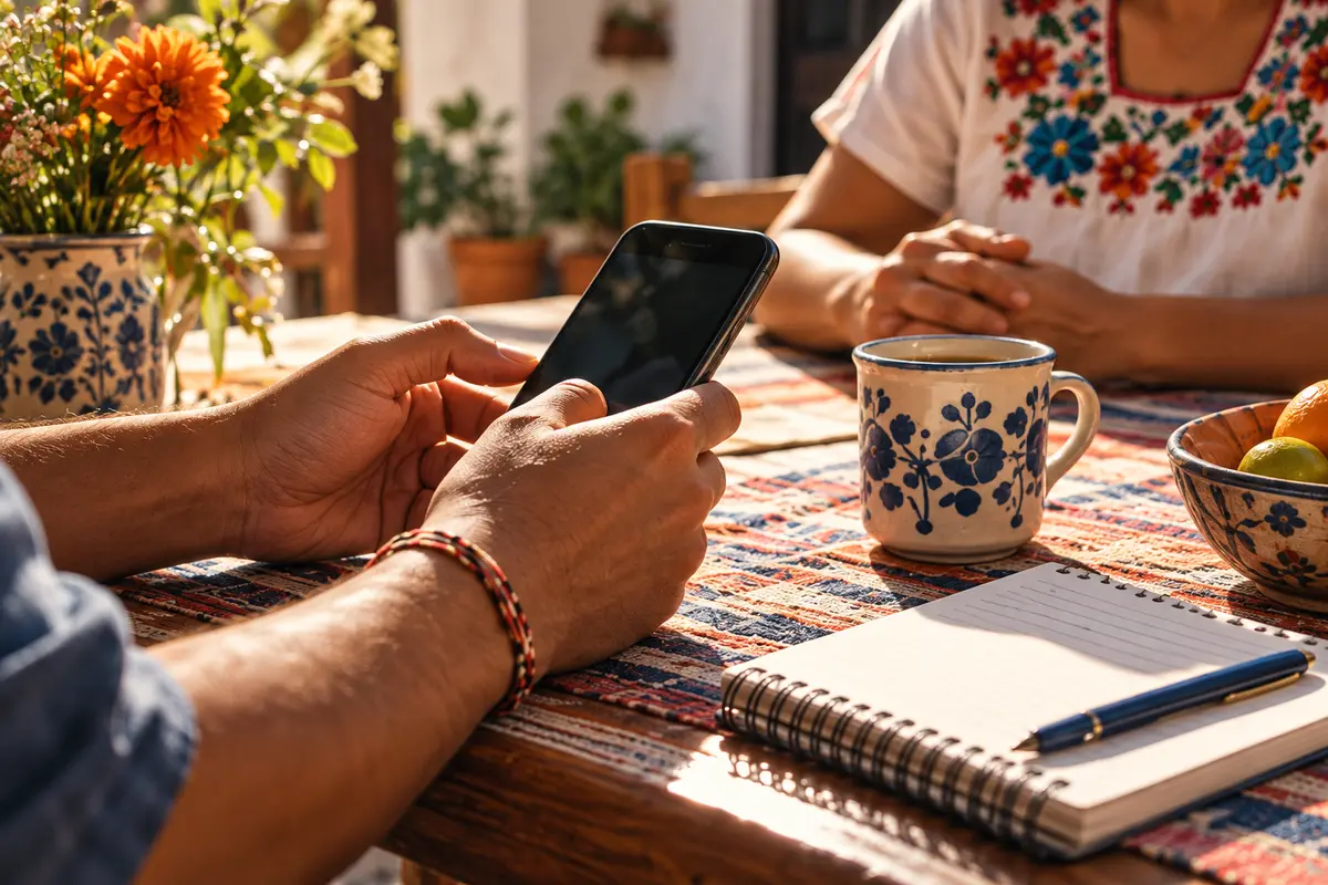 Primer plano de manos anónimas con un teléfono junto a un cuaderno y una taza de cerámica en una mesa de hogar.