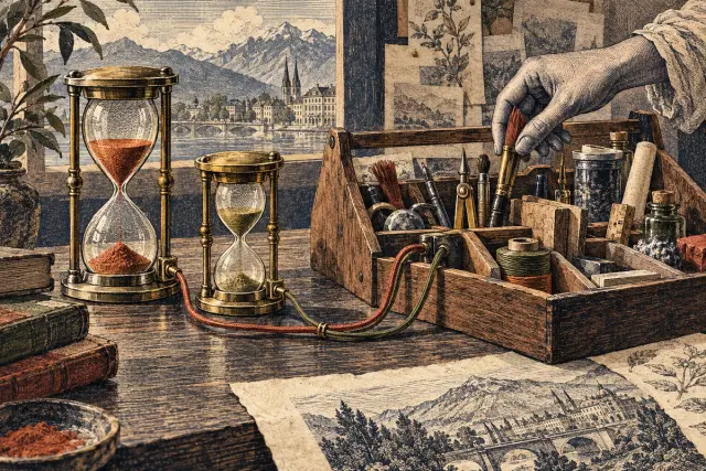 A detailed print of small hourglasses and a hand selecting a tool.