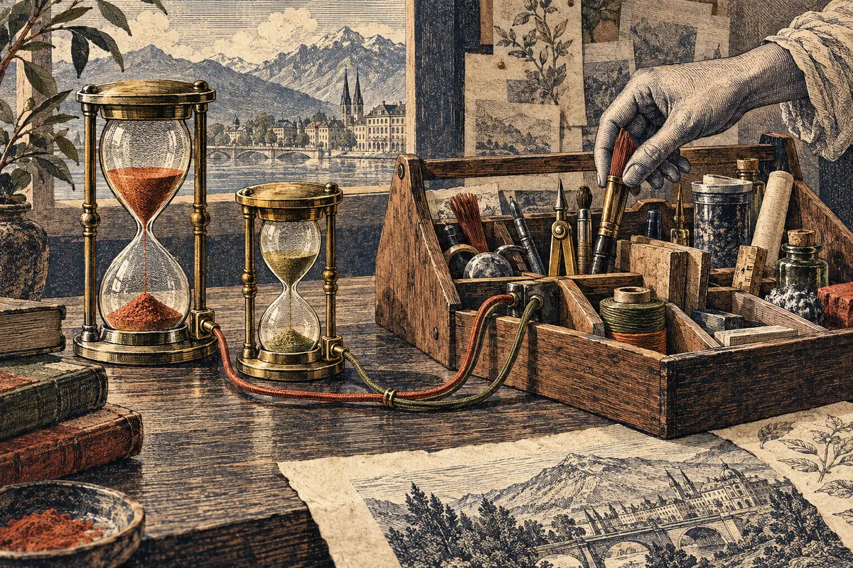 A detailed print of small hourglasses and a hand selecting a tool.