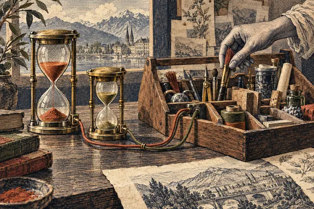 A detailed print of small hourglasses and a hand selecting a tool.