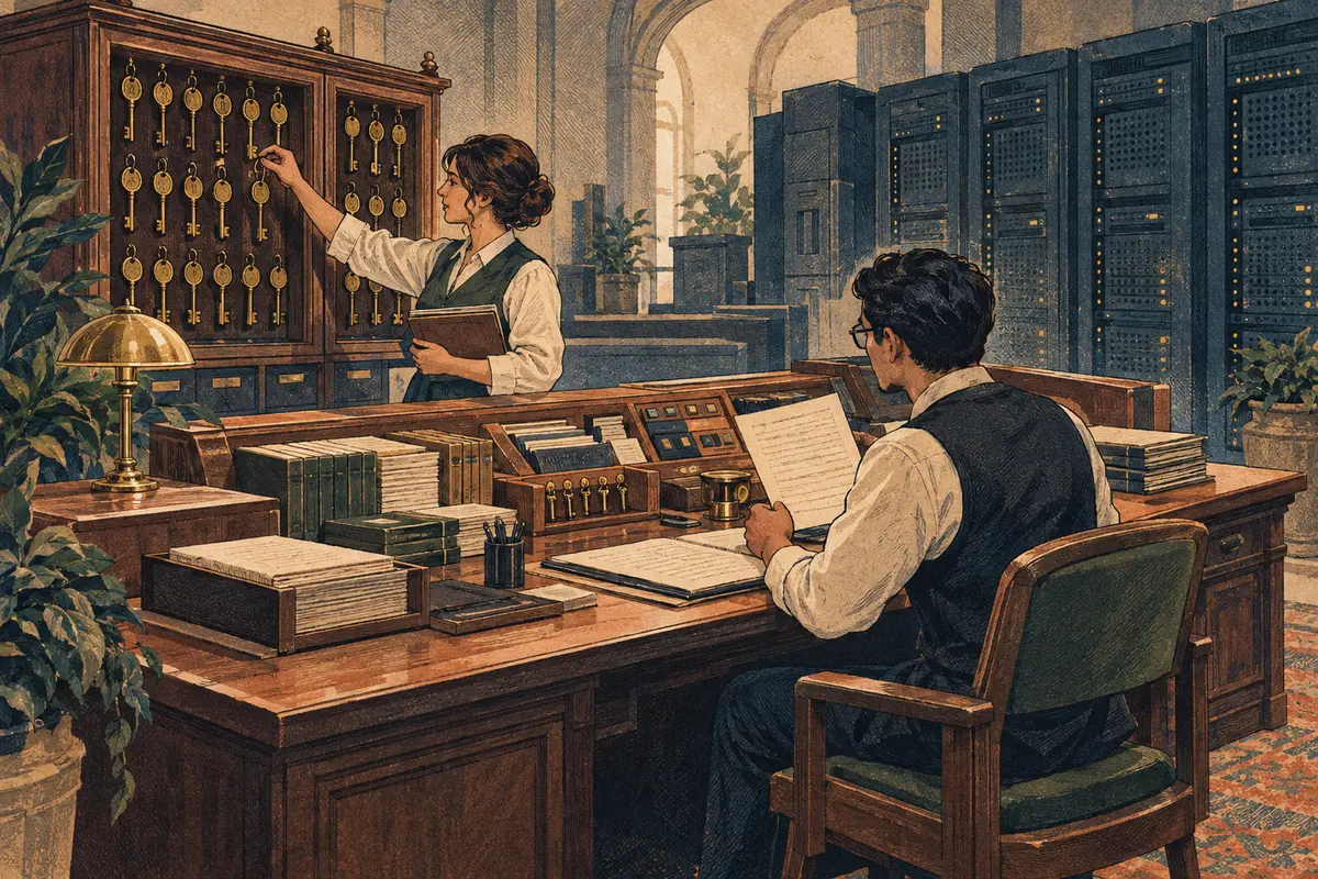 Staff review records and a cabinet of keys beside server racks.