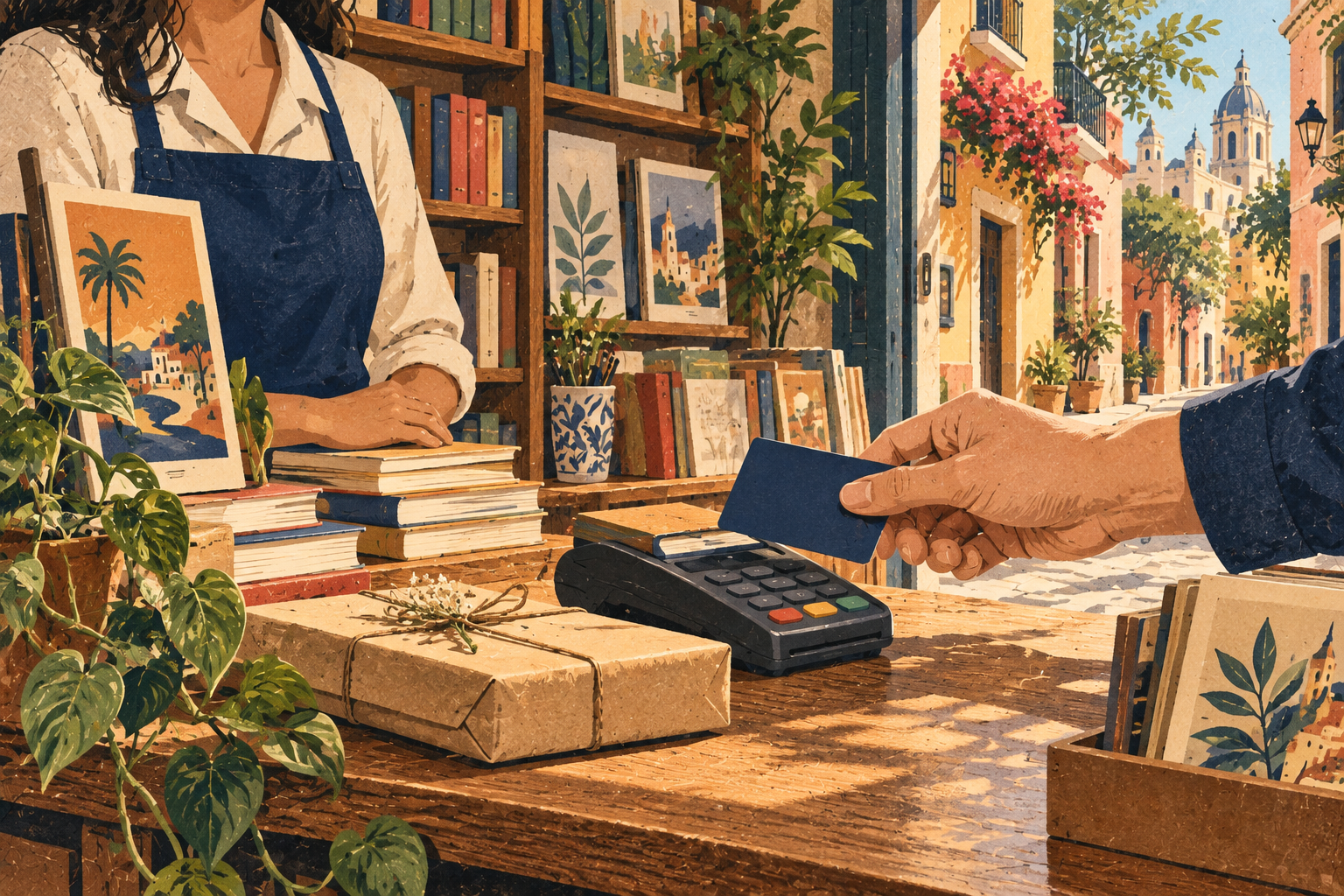 An unbranded card approaches a terminal in a neighborhood bookshop.
