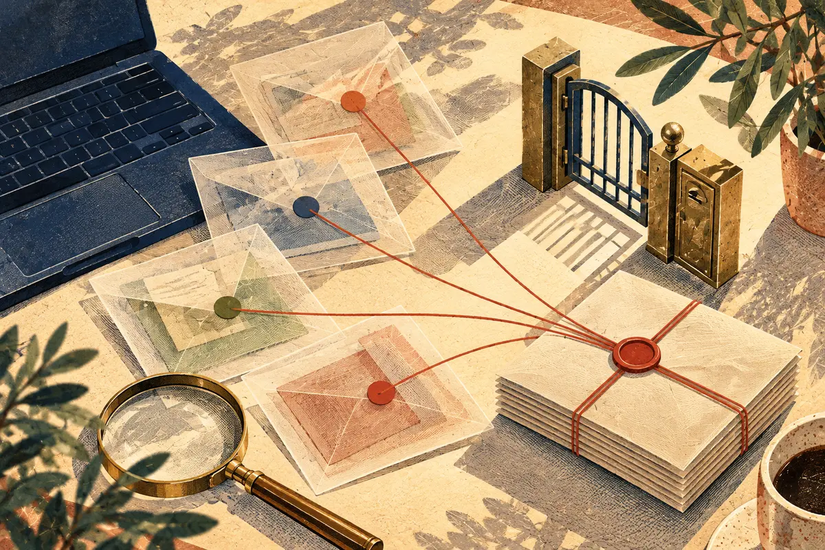 Sealed paper envelopes connected to a bundle beside a laptop, magnifying glass and small gate.