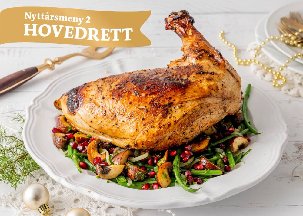 Nyttårsmeny 2 – Hovedrett: Marinert kalkunbryst med aspargesbønner, småløk og sopp