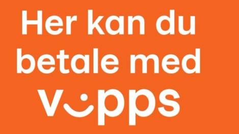 Vipps-logo med tekst «Her kan du betale med Vipps»