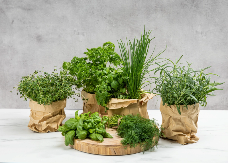 Friske urter i papirposer på et bord