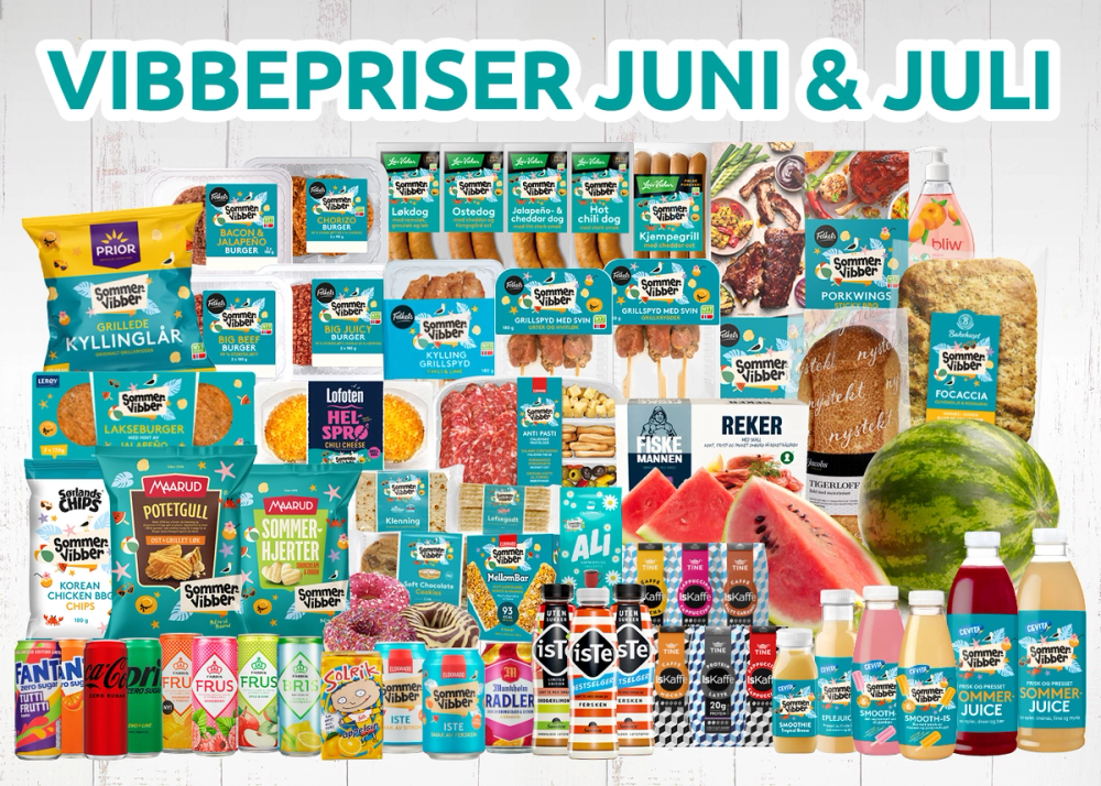 Et banner som viser varer med vibbepriser i juni og juli