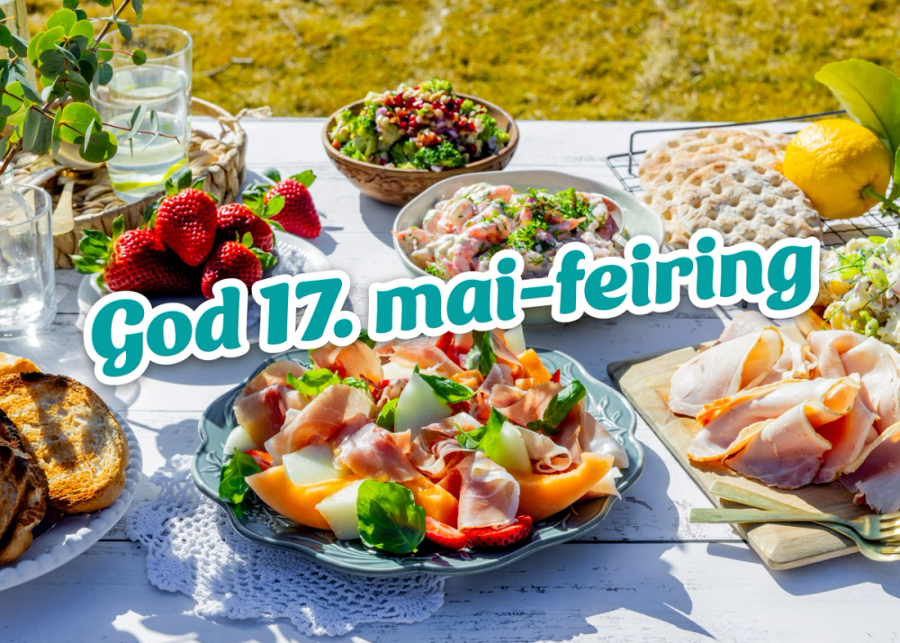 Et banner med teksten "God 17. mai-feiring"