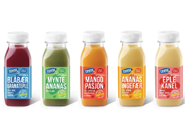 Et utvalg fargerike smoothies fra Cevita