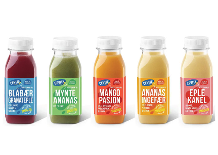 Et utvalg fargerike smoothies fra Cevita