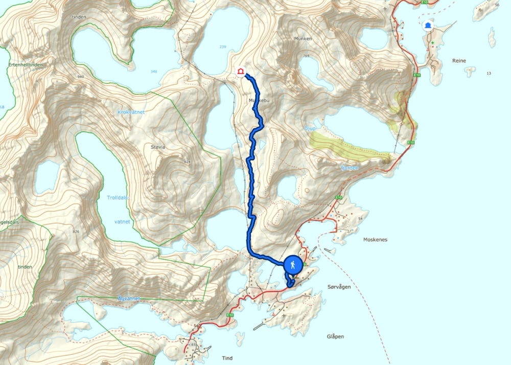 Et kart som viser vei fra Joker Sørvågen til Munkebu