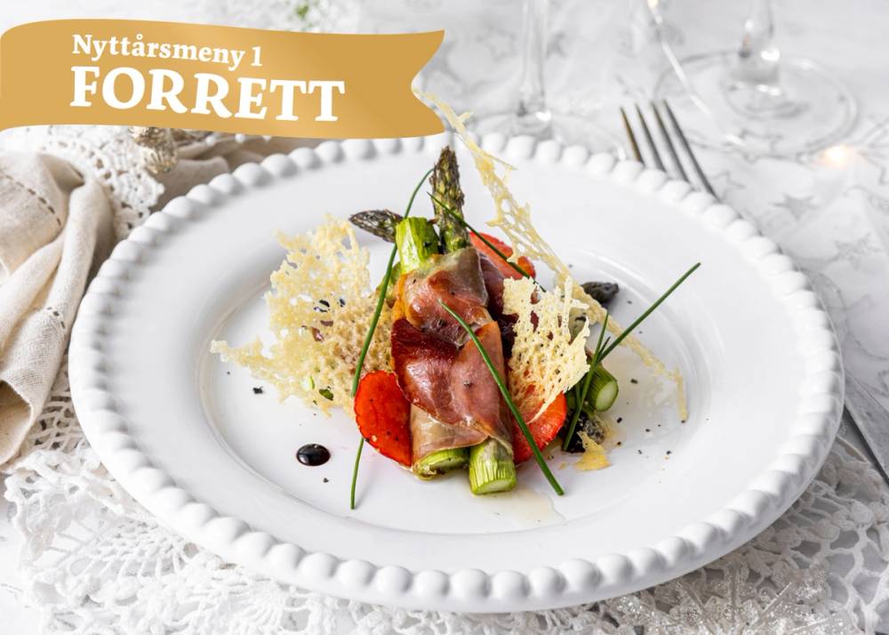 Nyttårsmeny 1 – Forrett: Ovnsbakte grønne asparges i spekeskinke