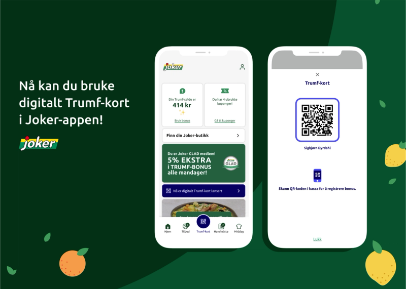 Et digitalt Trumf-kort i Joker-appen med mørk bakgrunn