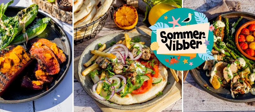 Sommermat med grillretter og friske grønnsaker