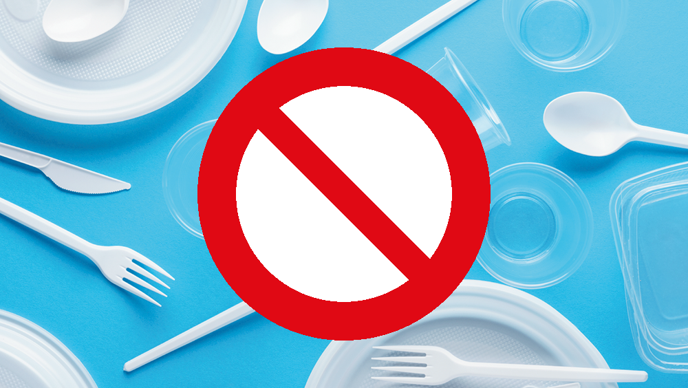 Symbol for forbud over plastbestikk, tallerkener og engangsplastprodukter på blå bakgrunn