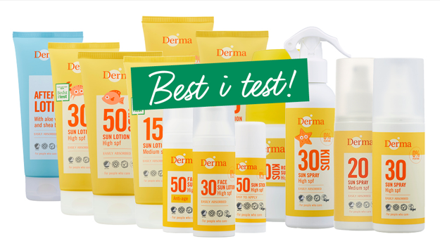 Et utvalg av solkremer og aftersun-produkter fra Derma med teksten Best i test