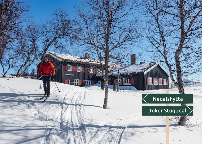 Nesdalshytta omgitt av et hvitt landskap