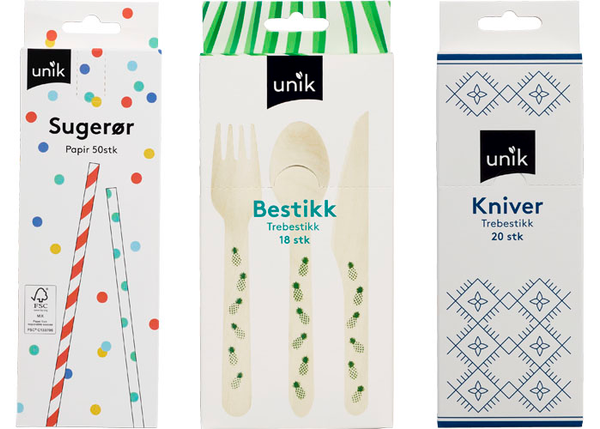 Unik engangsprodukter: papirsugerør, trebestikk og trekniver i forpakning