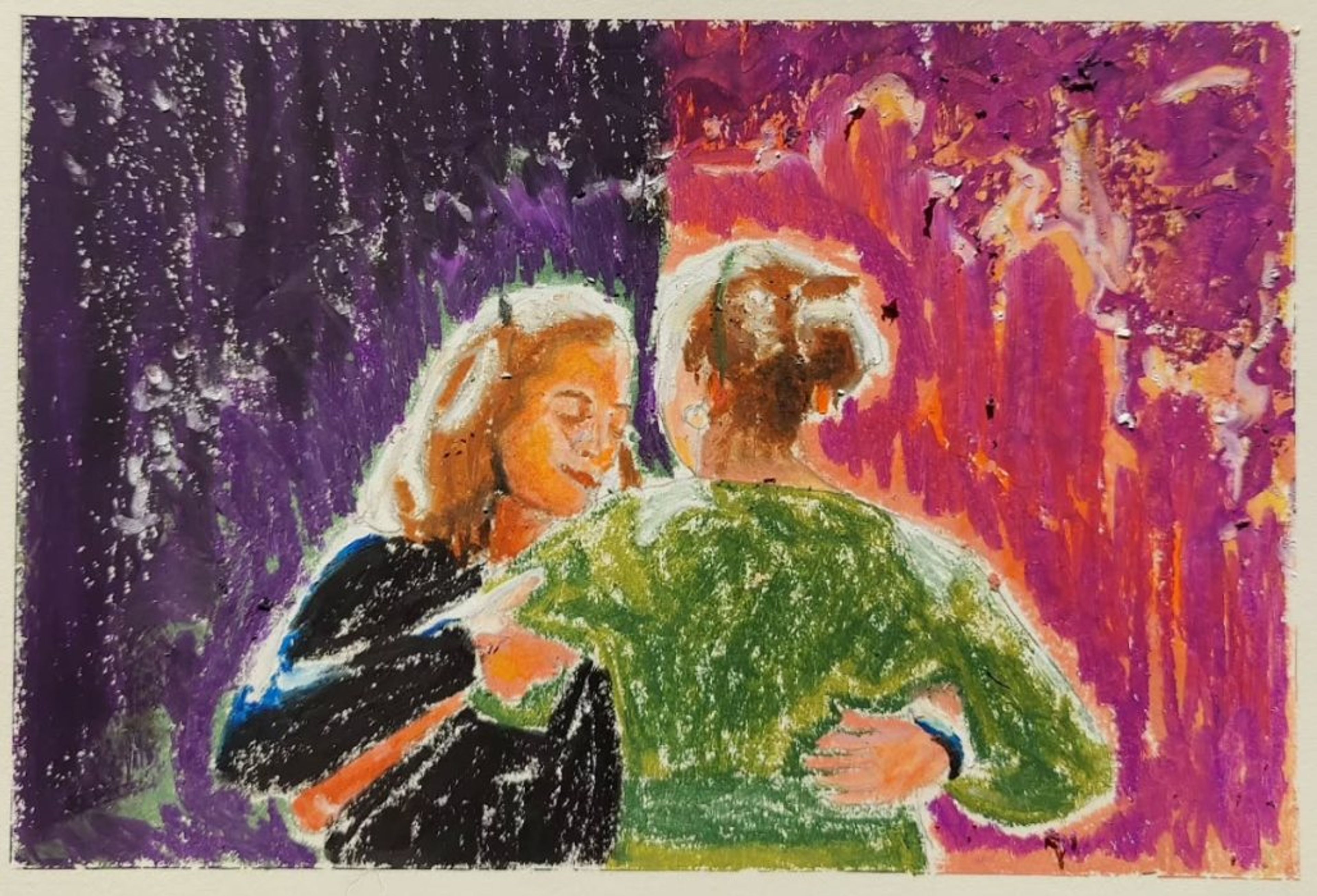 Oliepastel: to dansende omfavner hinanden mod violet og magenta baggrund.