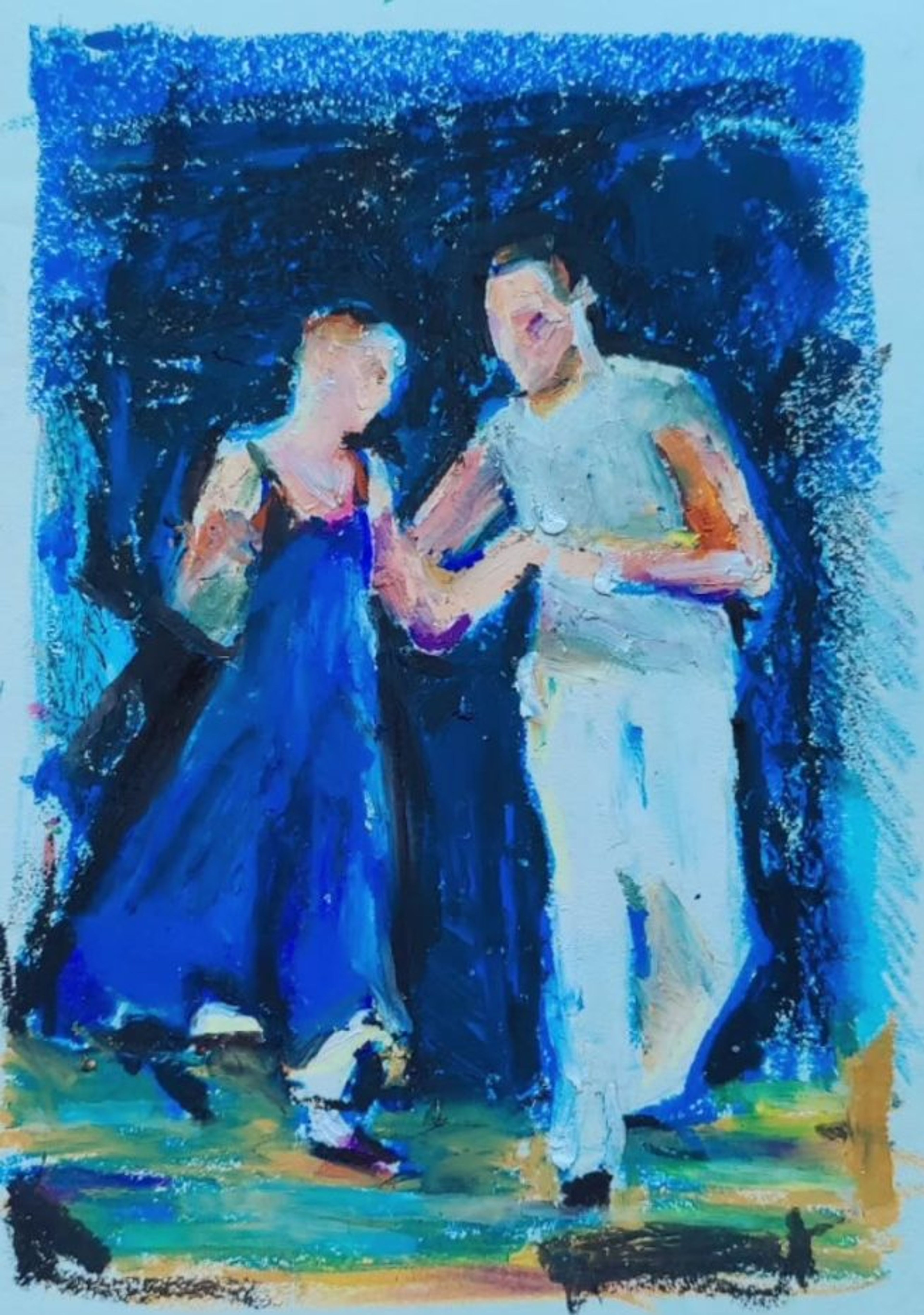 Oliepastel: et par danser i blåt aftenlys.