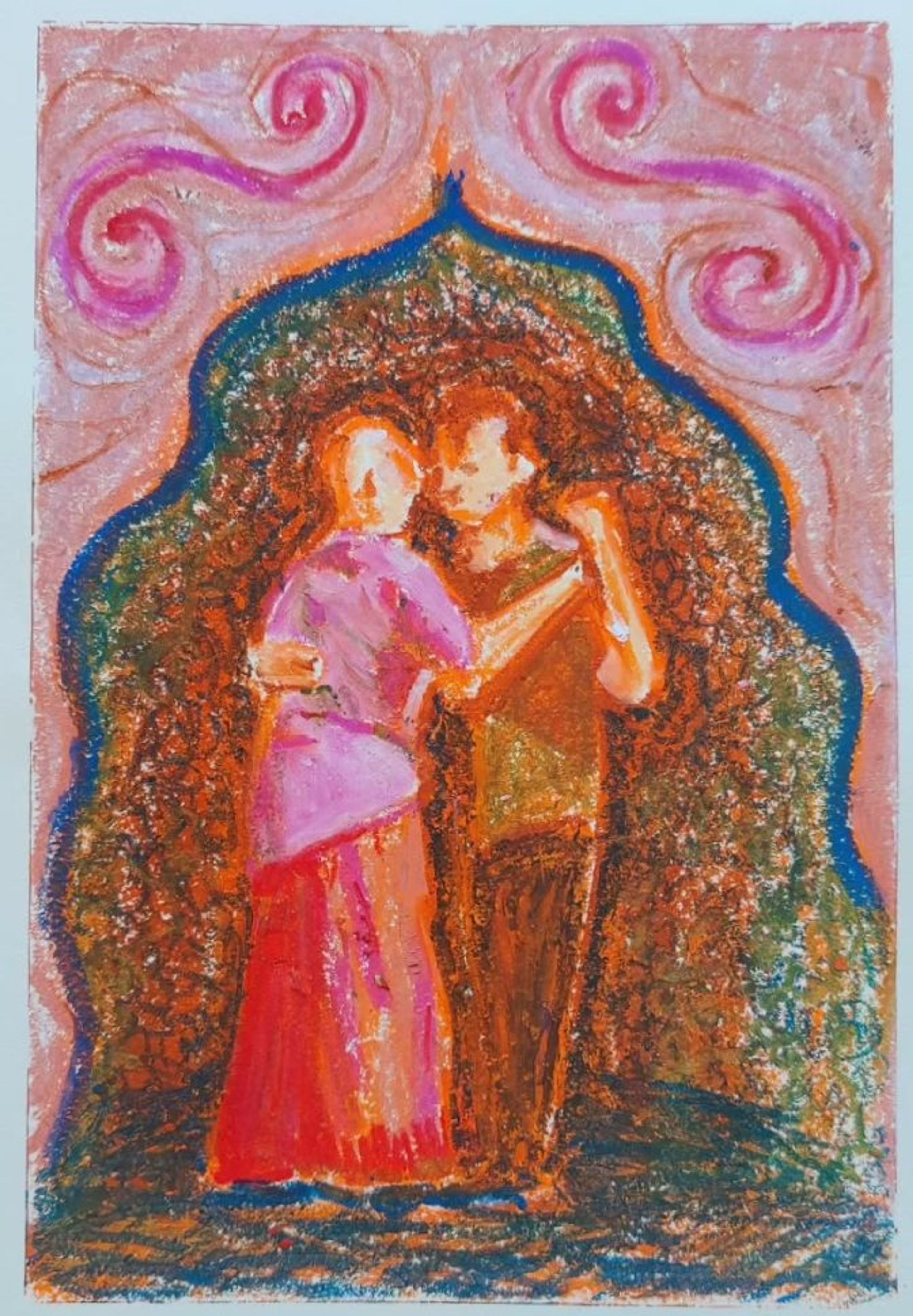 Oliepastel: et par danser tæt under en ornamenteret bue med rosa spiraler.