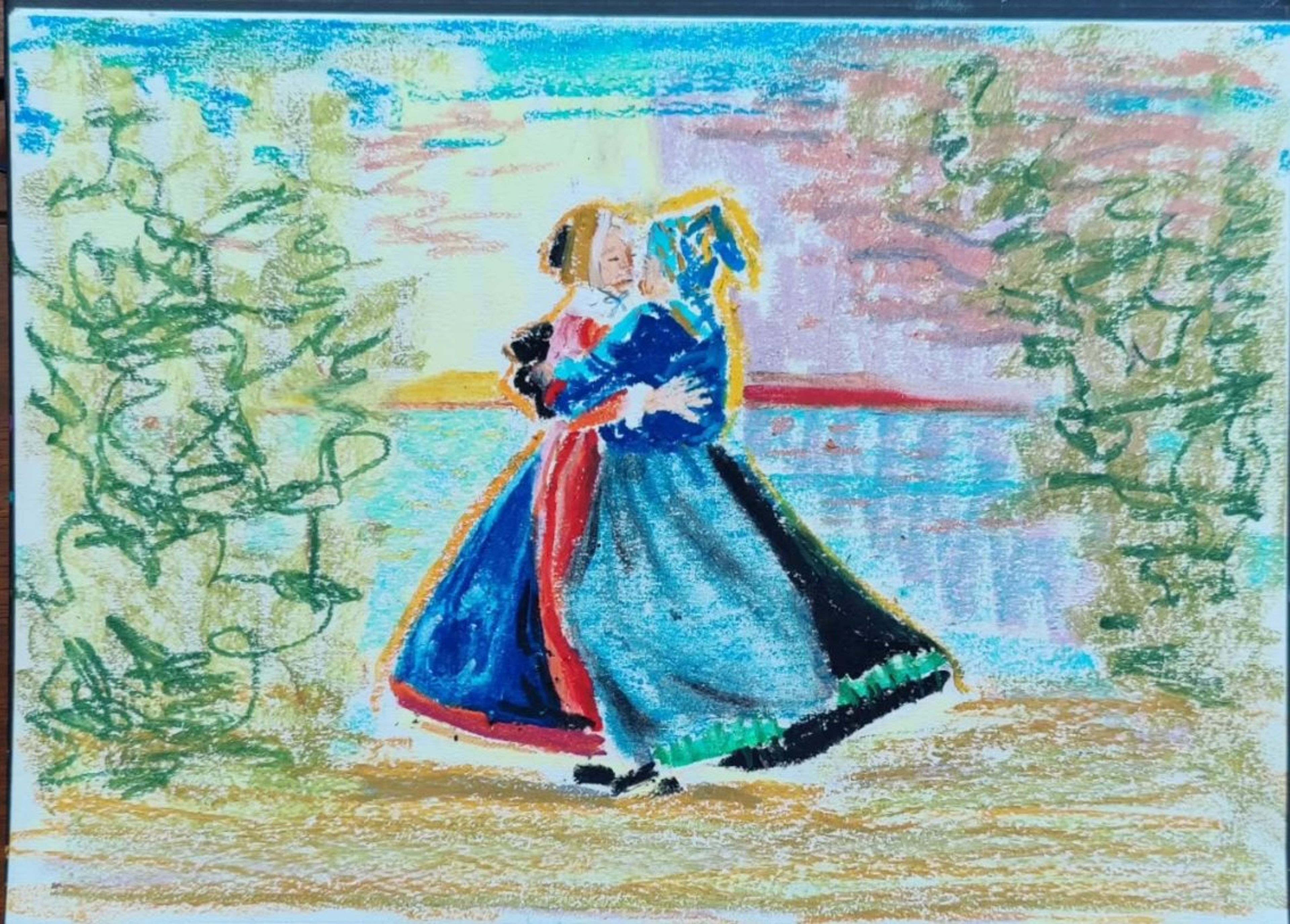 Oliepastel: to dansende i folkedragt ved vandet i aftenlys.