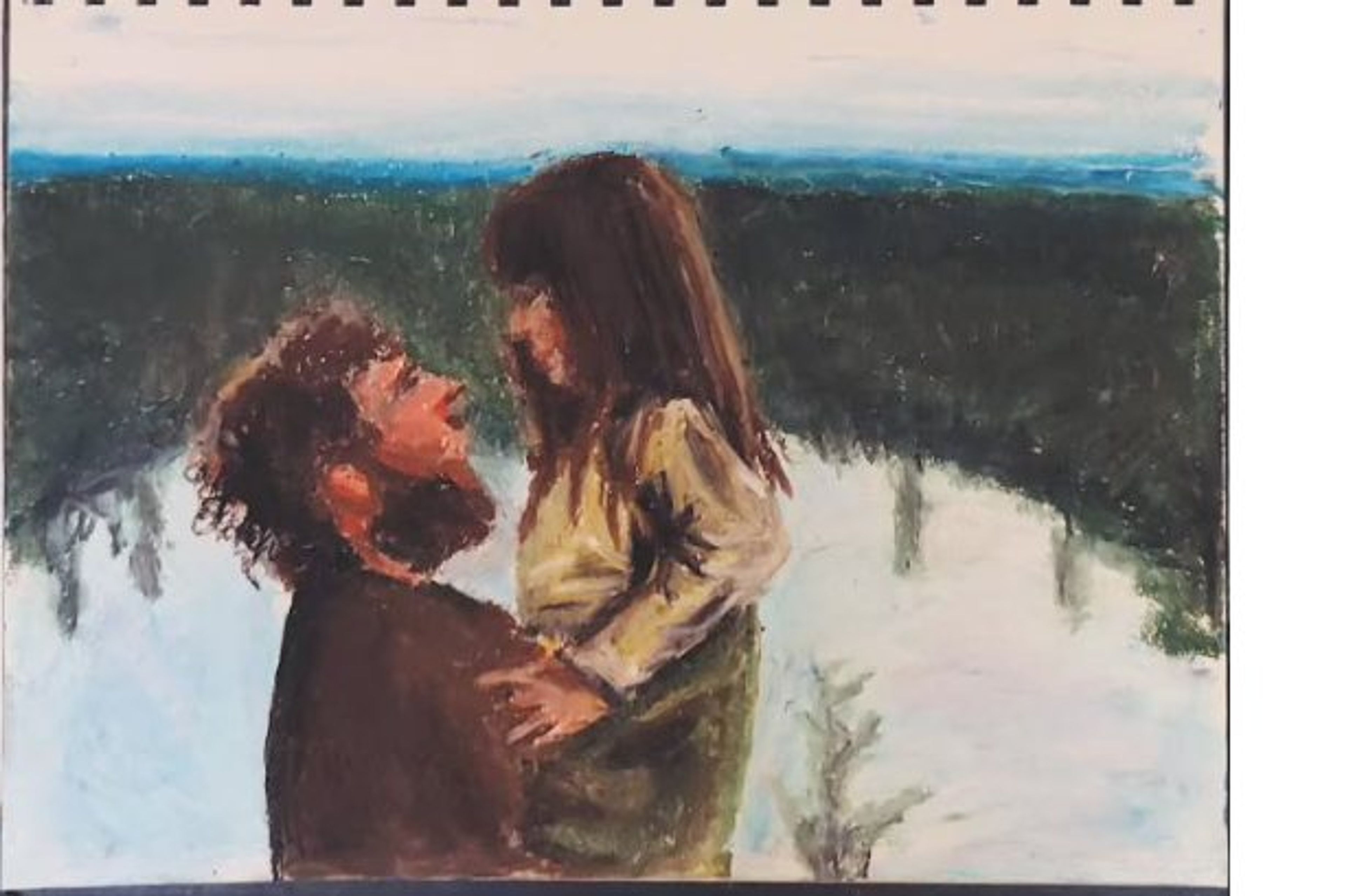 Oliepastel i skitsebog: to mennesker ved en lysning i skoven.