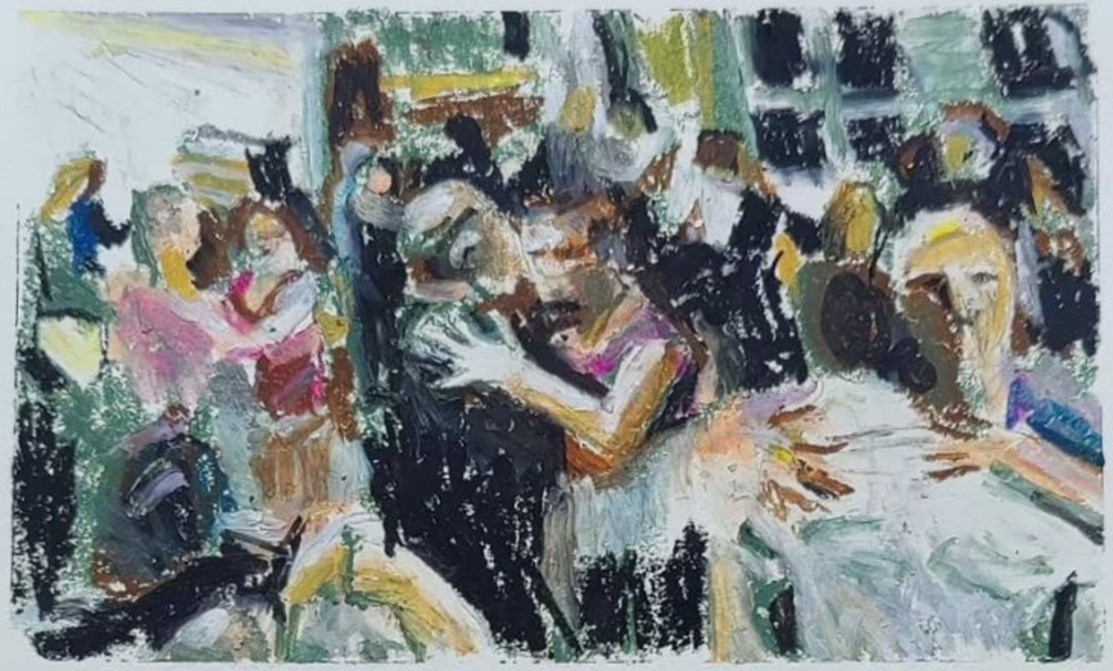 Oliepastel: myldrende dansesal med mange par i bevægelse.