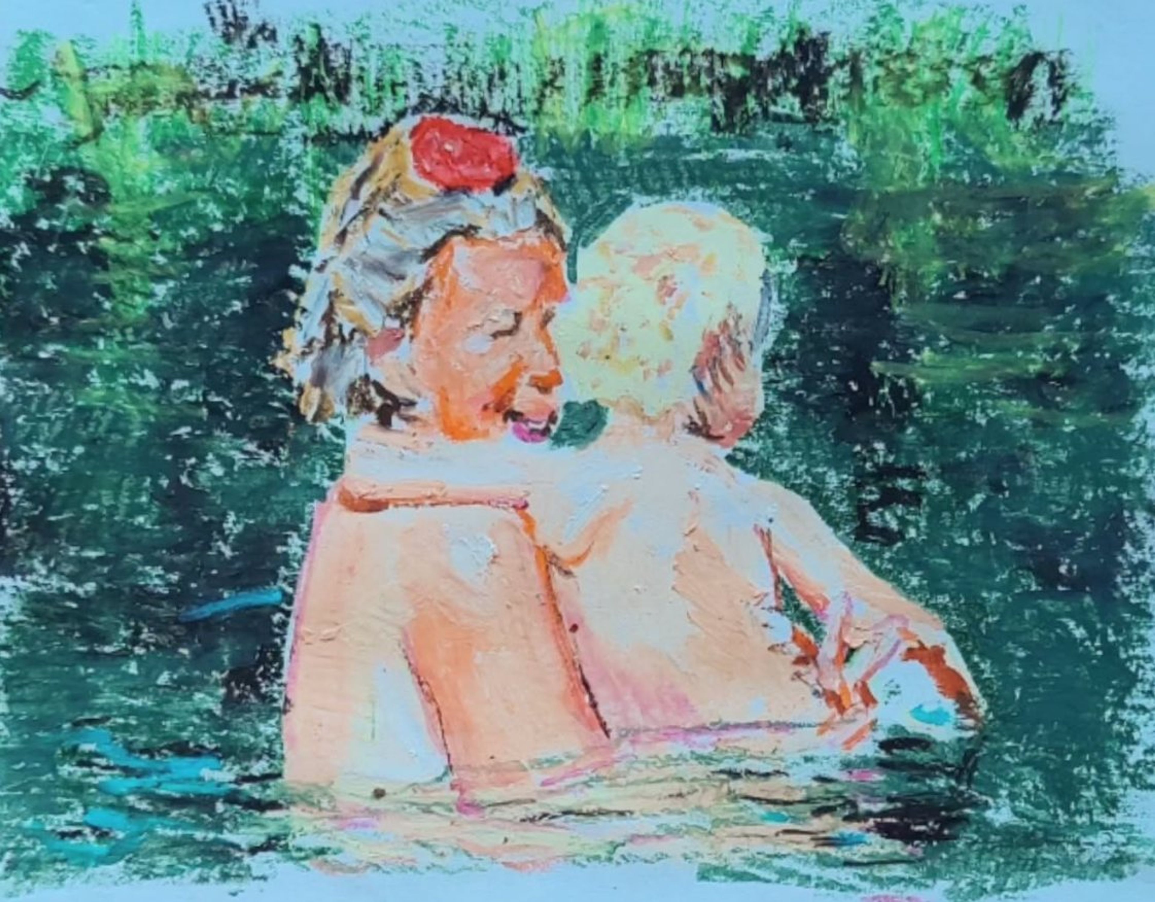 Oliepastel: to badende i grønt vand.