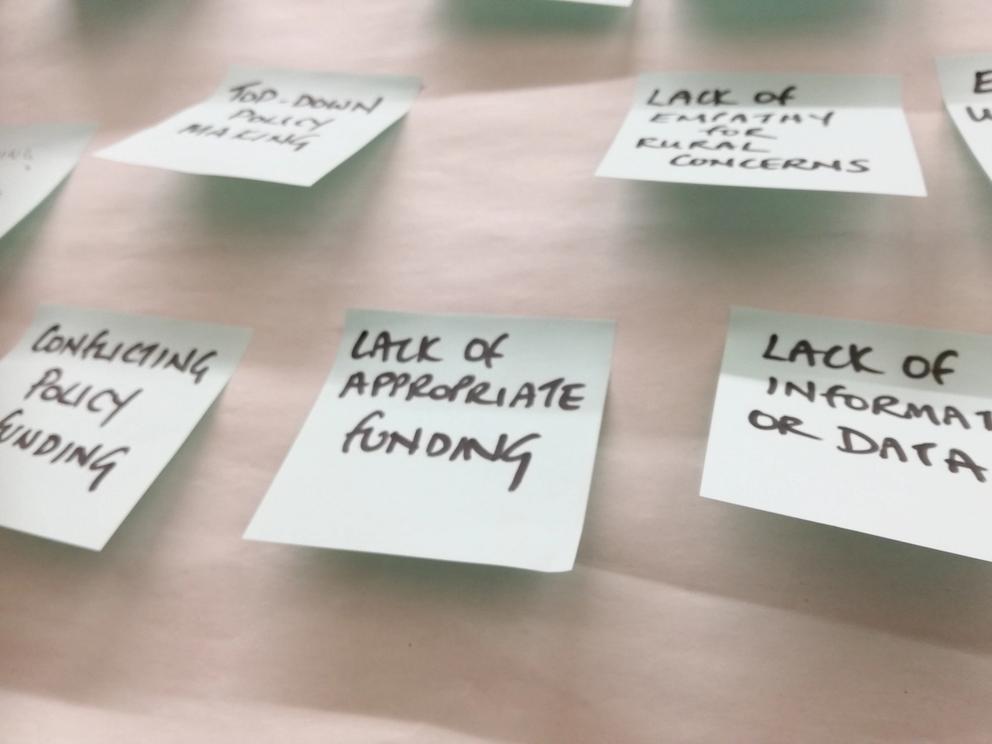 Images of post-its with words highlighting some feedback from participants in a Just Scapes workshop in Highlands on problems they face regarding their landscape and its transformation.