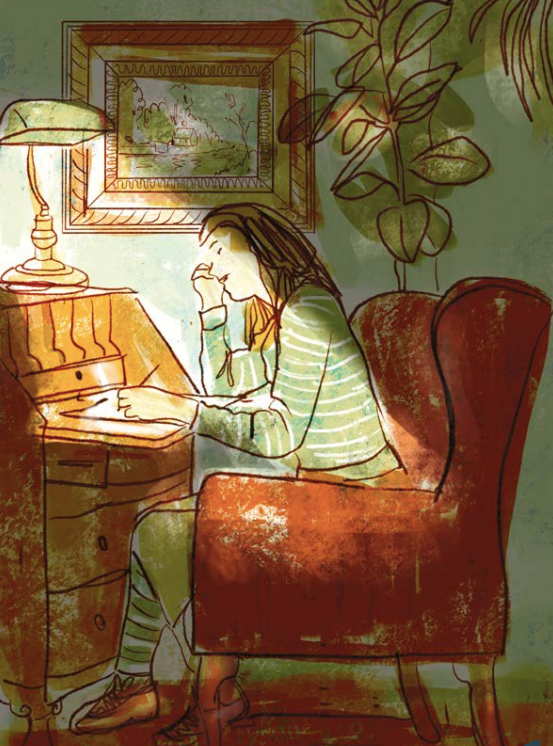 Illustration from the 'Letter to the Land' document - a woman sits at a desk writing