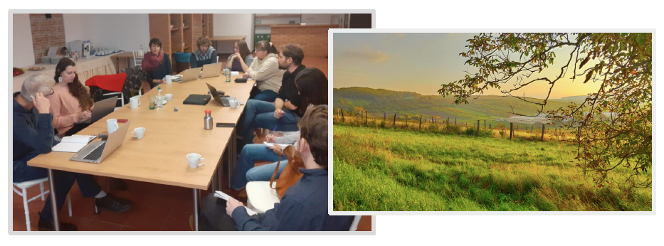 Image of the latest Just Scape team meeting in South Moravia (people round a table; local landscape).