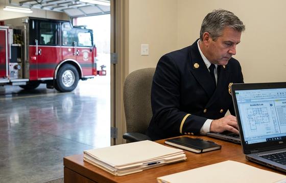 Fire department captain reviewing building pre-plans and occupancy inspection records on laptop in station office, fire apparatus visible through bay door