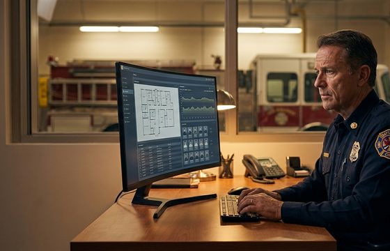 Battalion chief reviewing FirstDue pre-plan and dispatch data connected in FlorianAI at a fire station desk